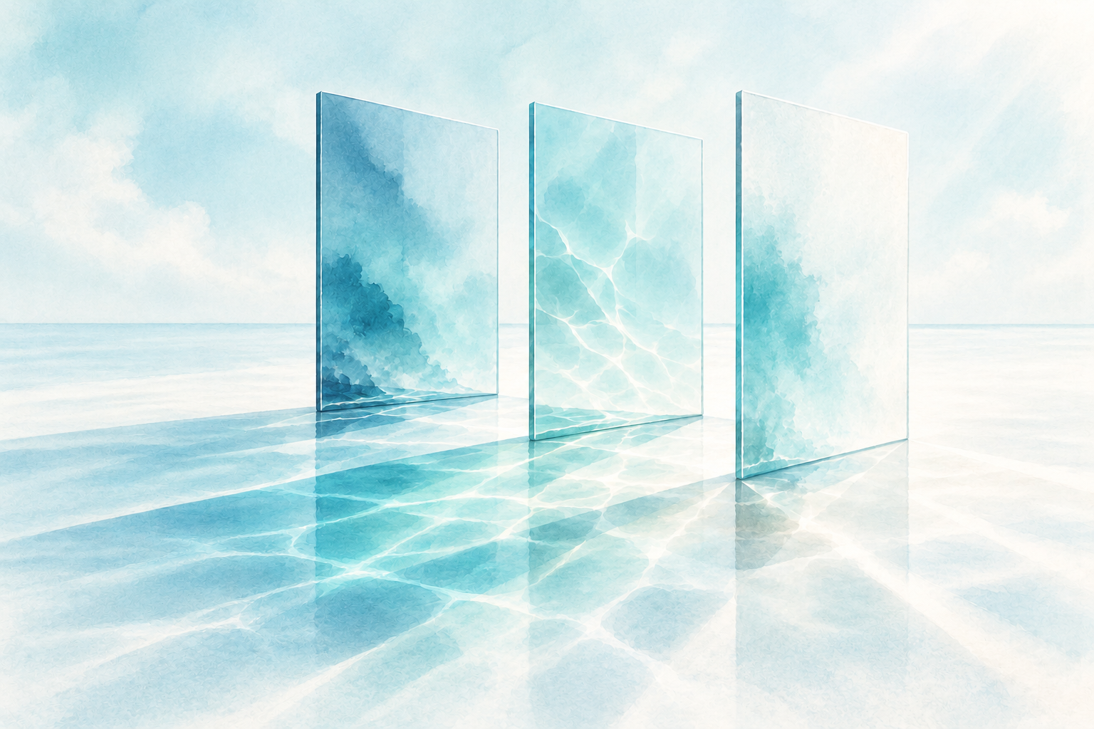 Three translucent glass panels cast gentle aqua patterns across a pale surface.