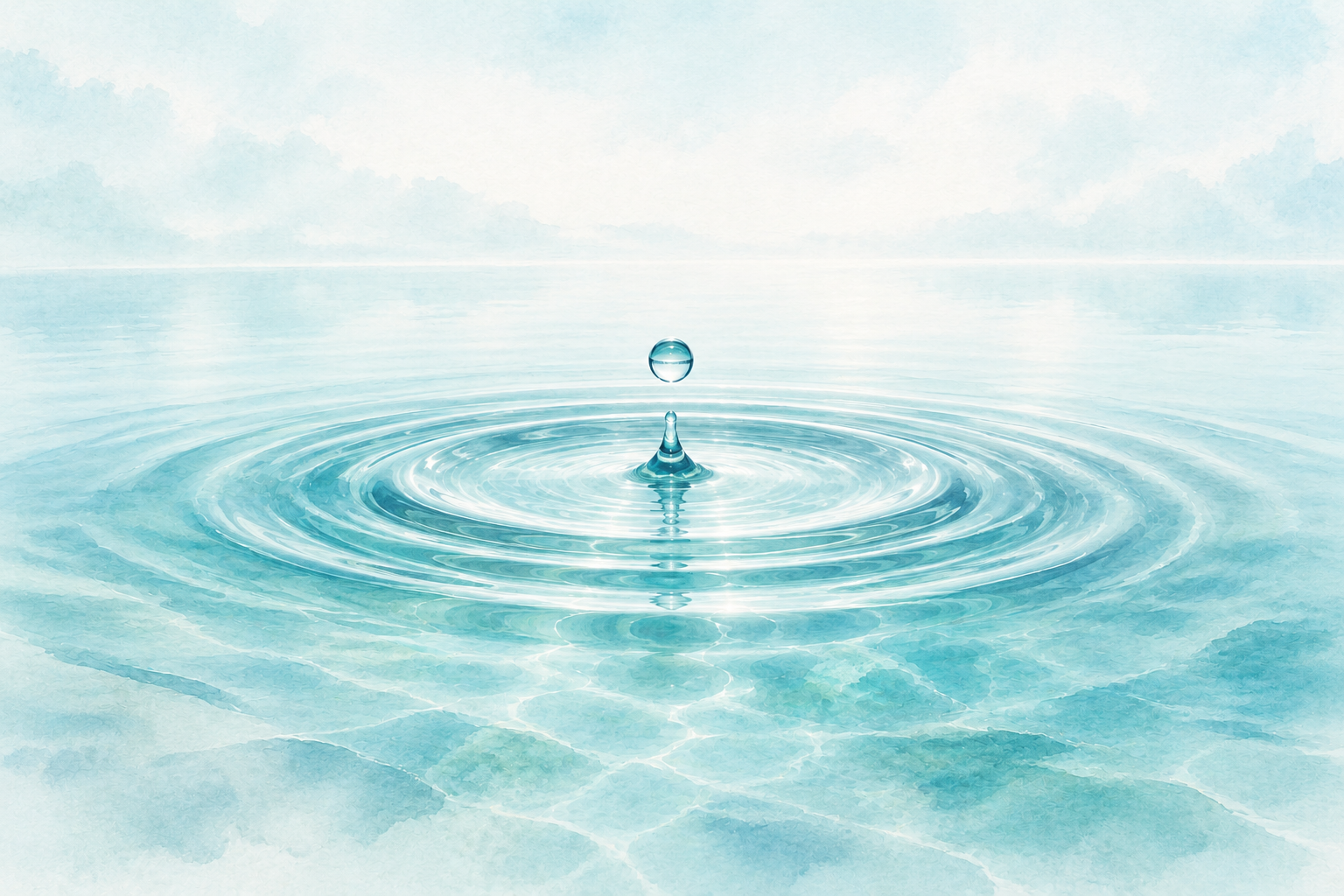 A clear droplet above gentle ripples spreading across pale aqua water.