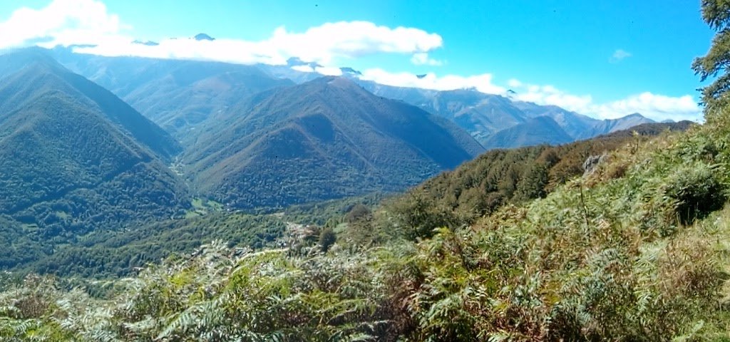 Paysage de montagne avec des collines verdoyantes, forêt dense sur les versants, ciel bleu avec quelques nuages, vue panoramique.