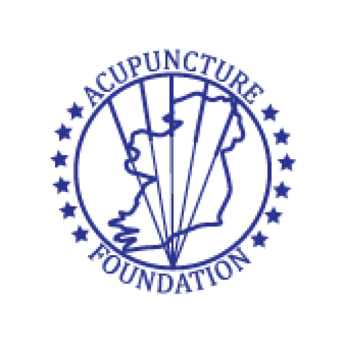 Logo of the Acupuncture Foundation featuring a blue outline of a human figure with acupuncture needles, surrounded by stars and the organization's name.