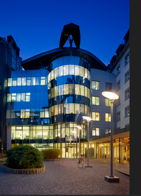 Modern glass building with illuminated windows at dusk, featuring curved architecture and a rooftop structure, surrounded by streetlights and plants.