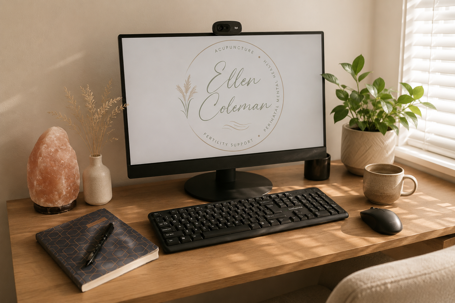 A computer desk with a monitor displaying 'Ellen Coleman' and related services, a salt lamp, a small vase with dried plants, a notebook with a pen, a keyboard, a wireless mouse, a coffee mug, and a potted plant, near a window with blinds.