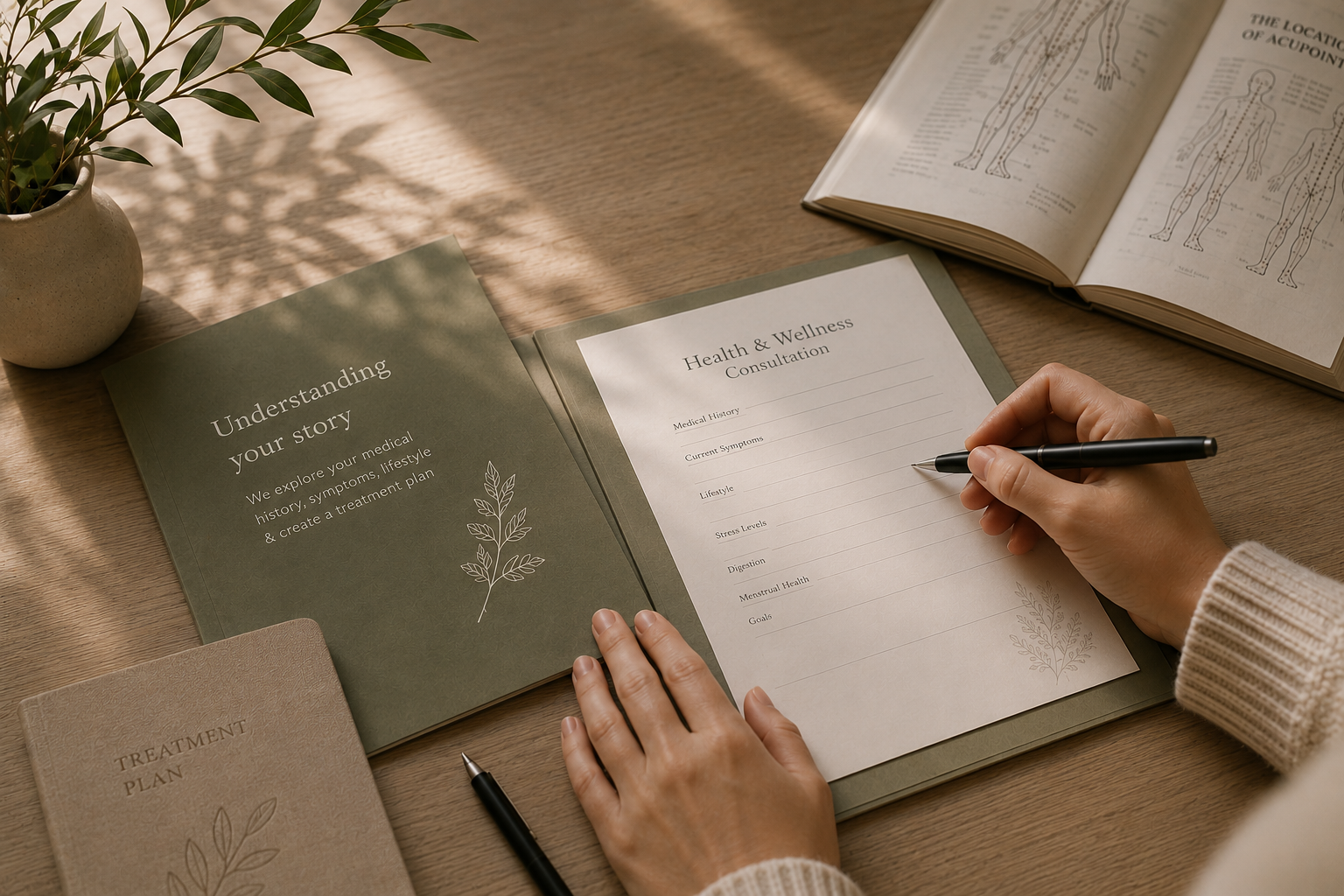 Person filling out a health and wellness consultation form at a wooden desk, with an open book displaying human body diagrams, a treatment plan notebook, a potted plant casting shadows, and a treatment plan pen nearby.