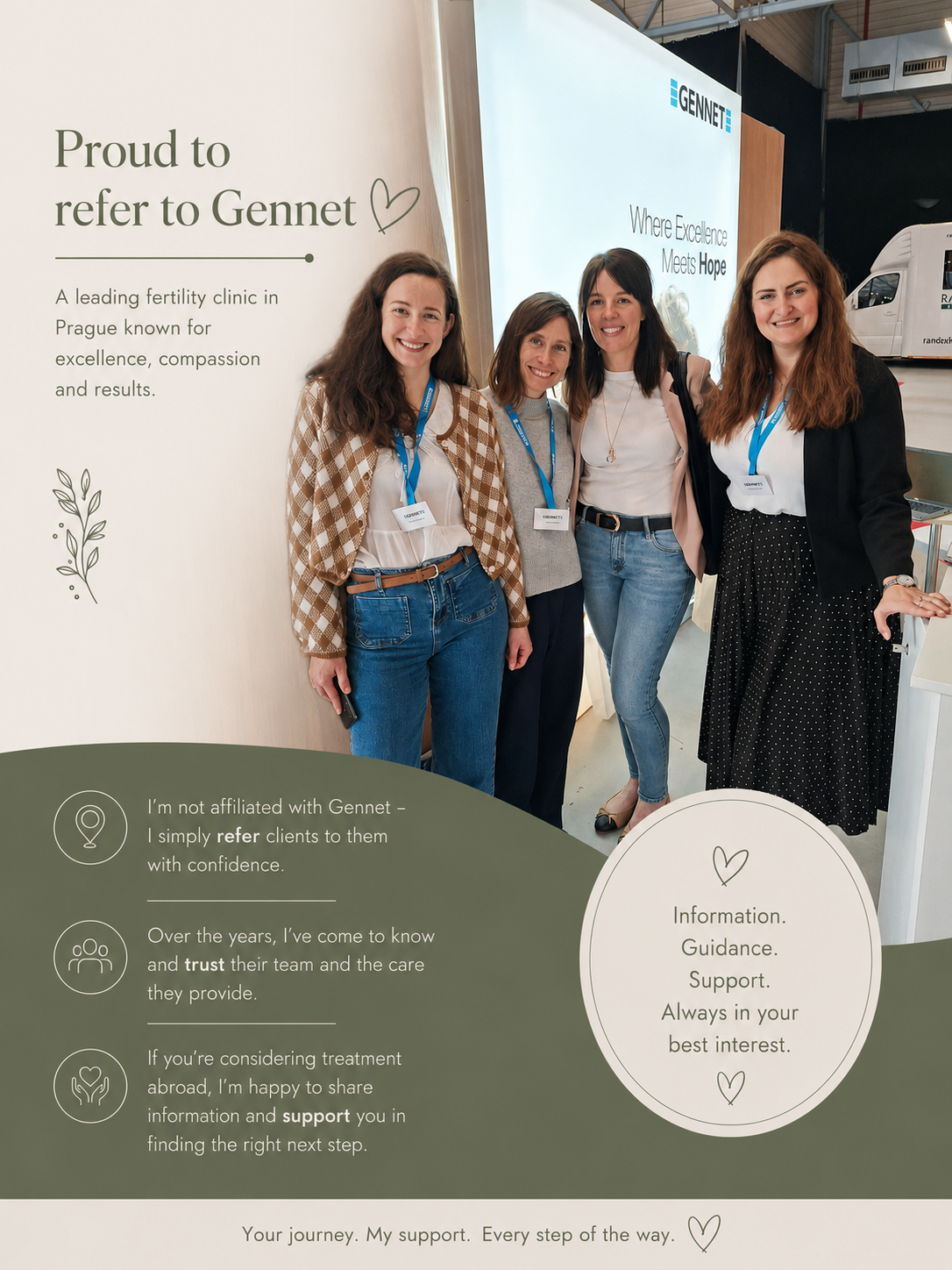 Four women standing together at an exhibition booth, smiling for the camera. The booth features a banner with the Gennet logo and informational text about fertility clinic services in Prague.