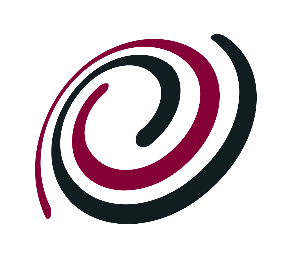 Abstract spiral design with black, dark teal, and dark magenta colors on a black background.