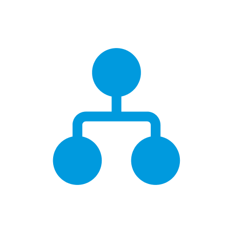 Blue hierarchy or organizational chart icon with three connected circles.