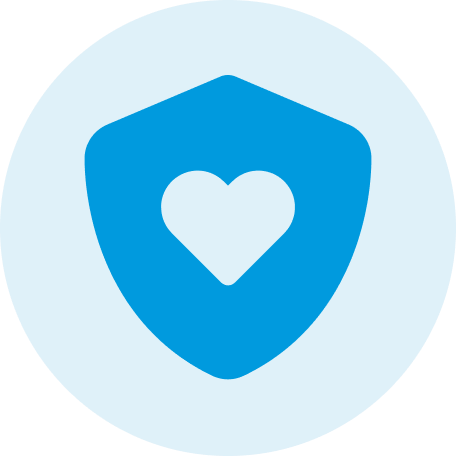 Blue shield with a white heart in the center on a light blue background.