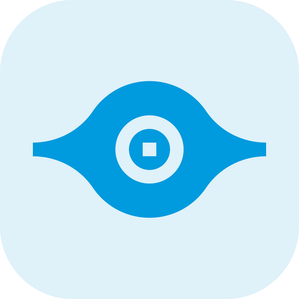 A blue eye icon with a square in the center on a light blue background.
