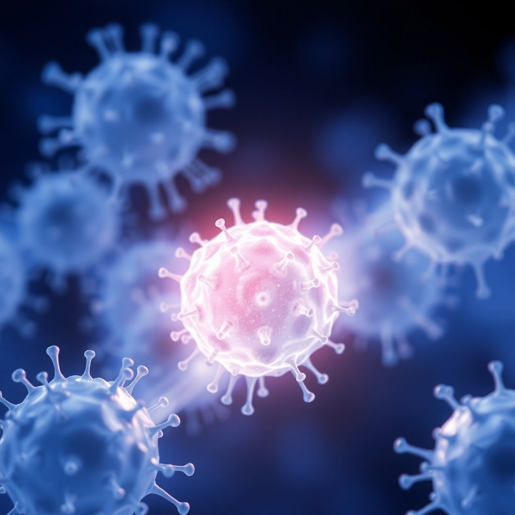 Illustration of virus particles, with one glowing pink at the center, surrounded by blue virus particles.