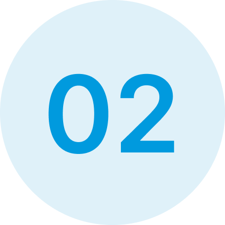 Light blue circular badge with the number 02 in blue font.