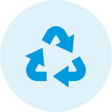 Recycling symbol with three arrows forming a triangle on a light blue background.