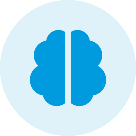 Blue brain icon on a light blue circular background.