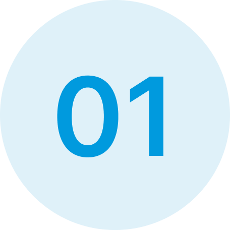 Light blue circle with large blue number 01 inside.