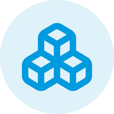 Icon of three interconnected blue cubes on a light blue circular background.