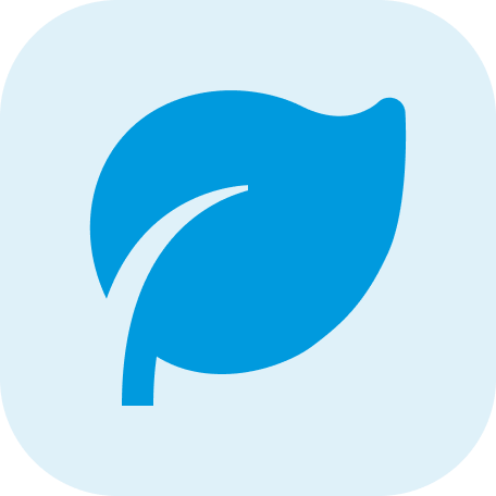 Blue icon of a leaf on a light blue background.
