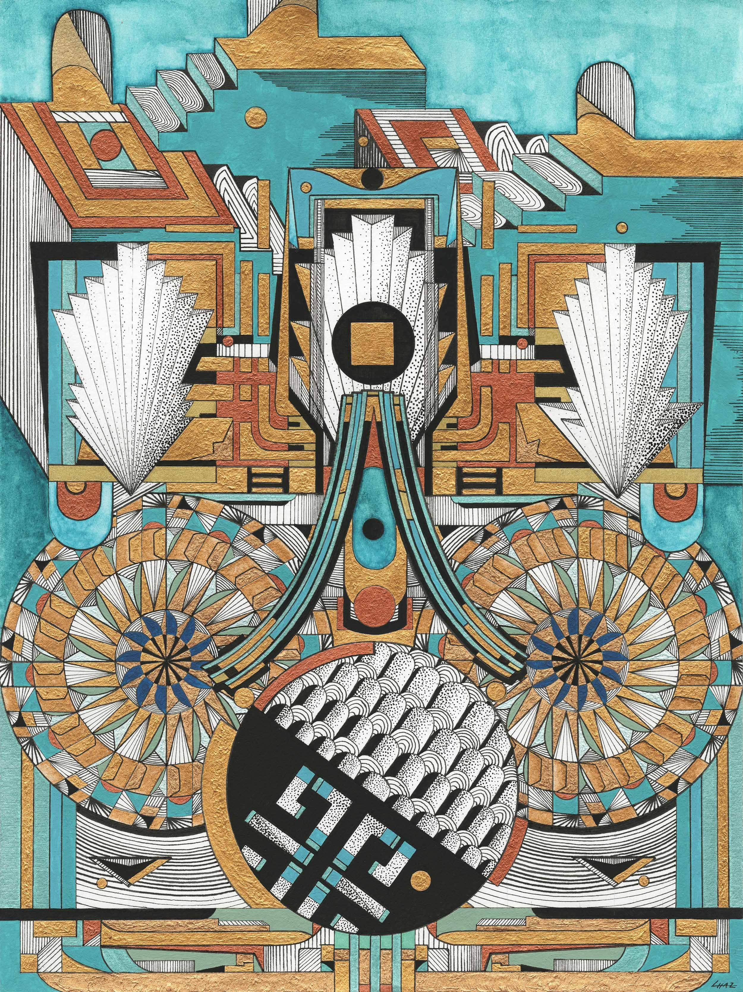 Detailled watercolor and ink painting in shades of black, white, turquoise gold and copper. Three dimensional stairways and tunnels sit above a symmetrical design featuring three patterned circles.