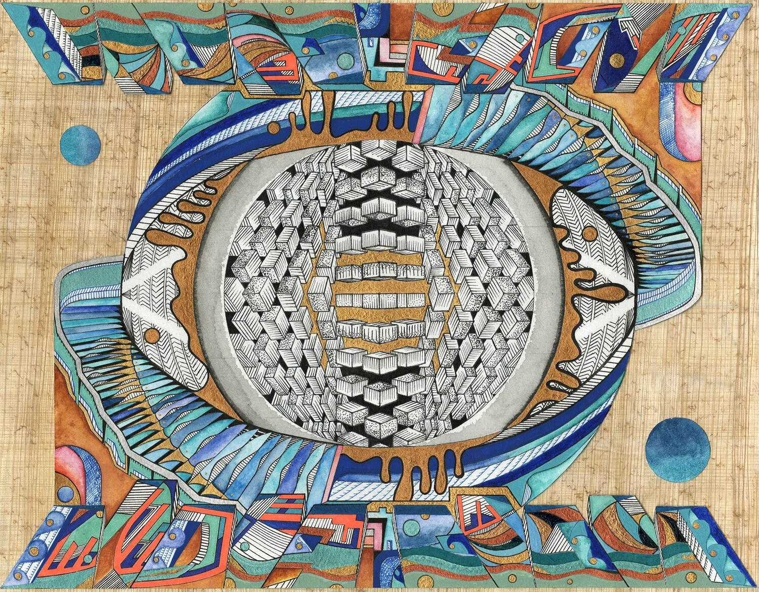 Colorful abstract  painting centered on an egg shape which is opened to reveal three dimensonial boxes inside.
