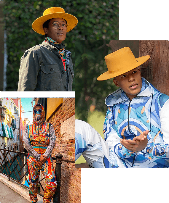 A collage of three photographs of Zahyr Lauren, showing them wearing their Flowers for Palestine bandanna in one, and hazmat suits printed with their artwork in the other two photos.