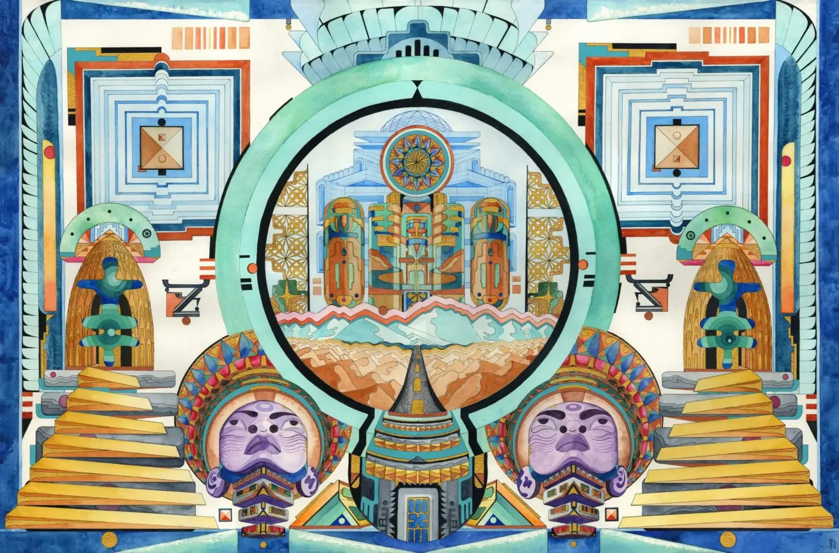 Colorful watercolor painting in an afrofuturist style. Two faces look up to complex geometric patterns. A road leads into the mountains.