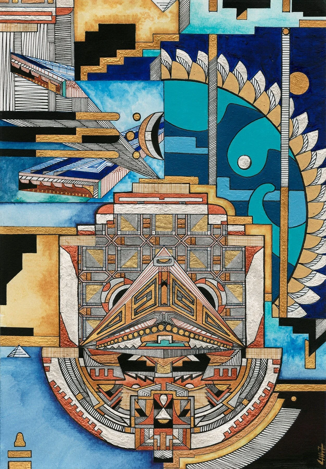 Abstract painting featuring detailed brown and gold geometric shapes in the foreground. The background includes patterns and textures in blues and gold.