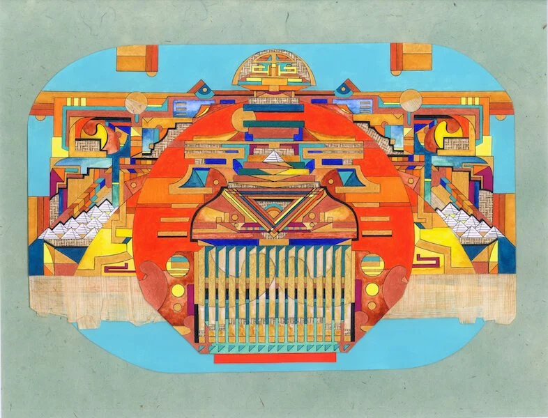 Colorful painting with an abstracted afropick at the center, surrounded by geometric patterns and textures.