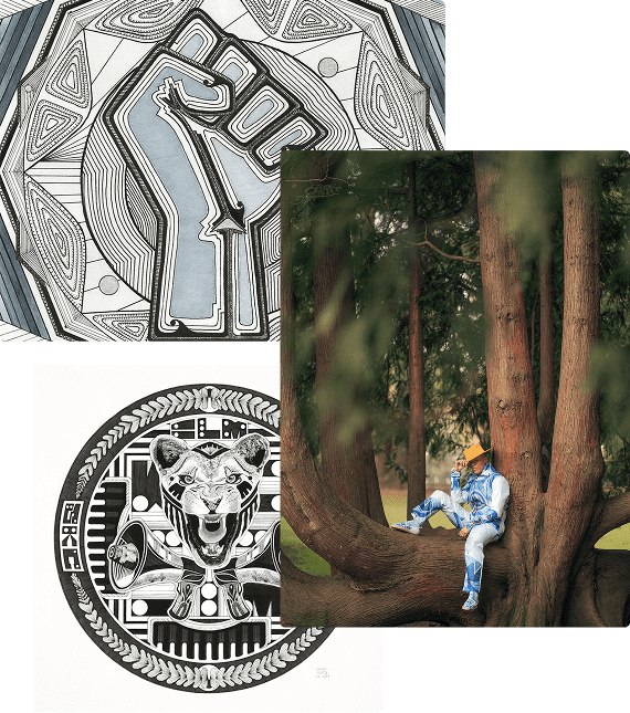 Collage featuring: two drawings by Zahyr Lauren of a Black Power fist, and a lioness with two megaphones, plus Zahyr sitting in a tree wearing a yellow fedora and a hazmat suit with futuristic blue all-over pattern print.