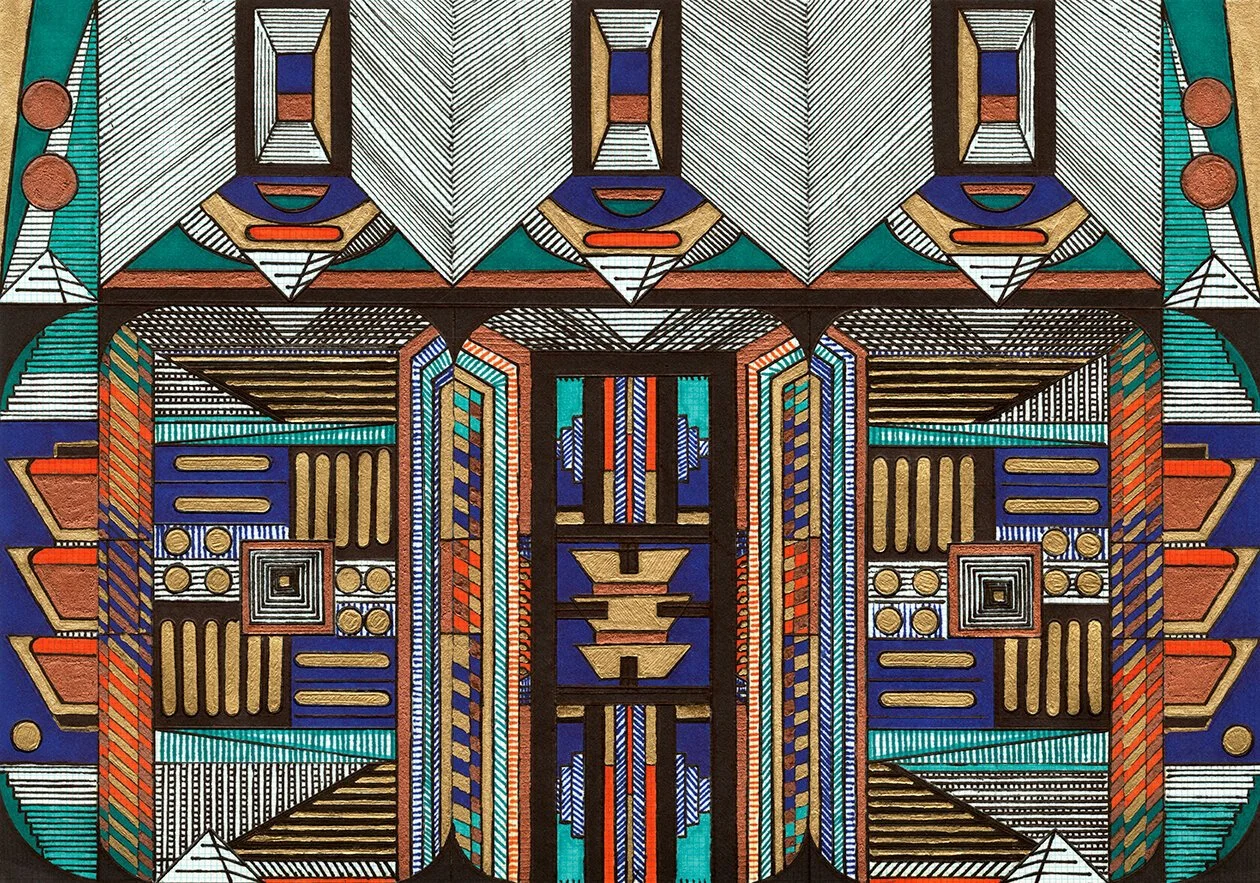 Abstract painting featuring three doors in the center, each decorated with different patterns and textures.
