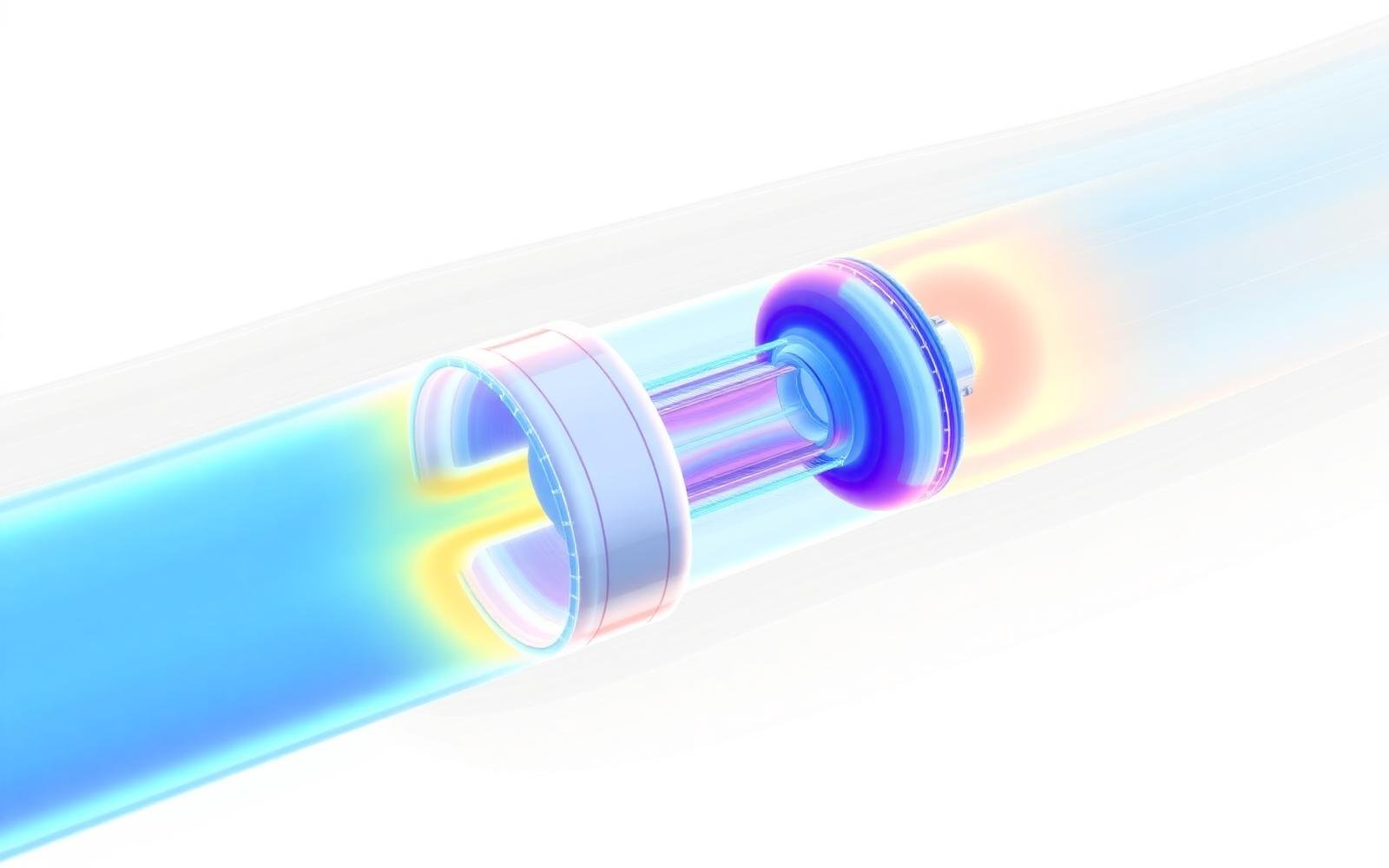 A digital illustration of a scientific or technological device with a transparent cylindrical structure emitting a colorful, rainbow-like spectrum, set against a white background.