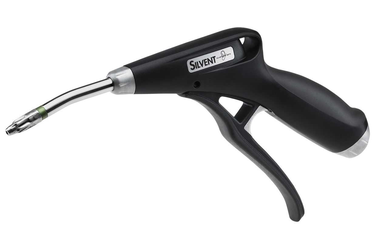 A black, handheld medical or dental instrument with a metallic tip and a trigger handle. The instrument has a label that reads 'Silvent' and is designed for industrial or medical use.