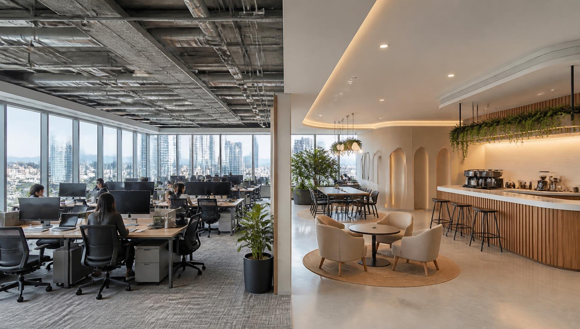 An office space with workstations and a lounge area with chairs, tables, plants, and decorative lighting under a partially exposed ceiling. The left side has multiple desks with computers and employees working, while the right side features a cozy seating area and a bar-like counter with stools.