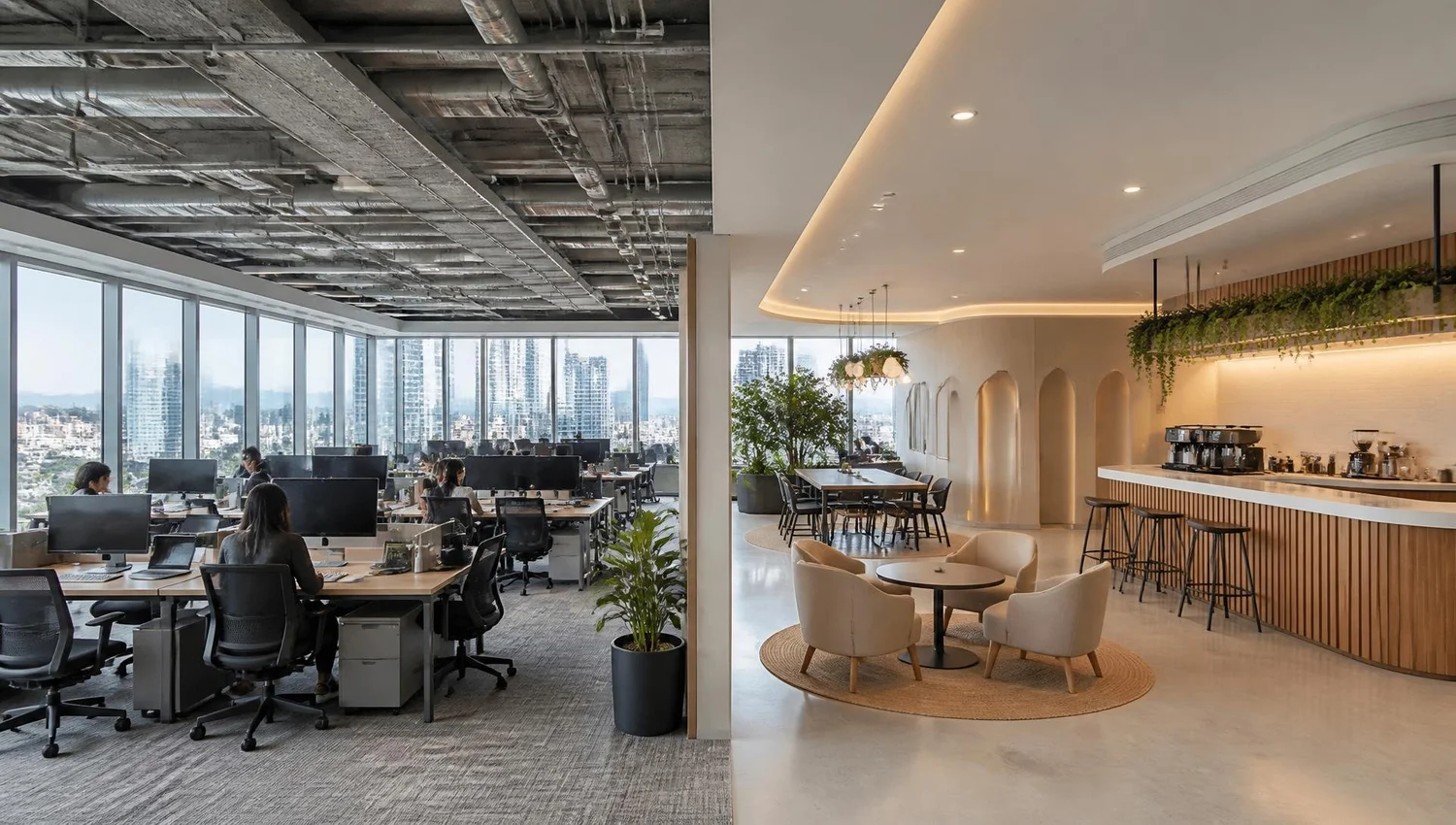 Open-plan office workspace with floor-to-ceiling windows, Google vendor office fit-out Kuala Lumpur