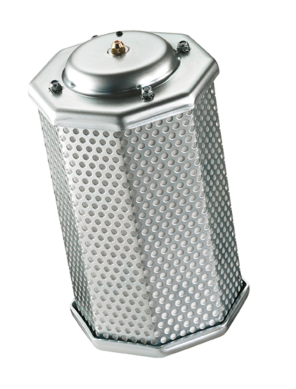 A metallic air filter with a perforated cylindrical body and a hexagonal top with screws.