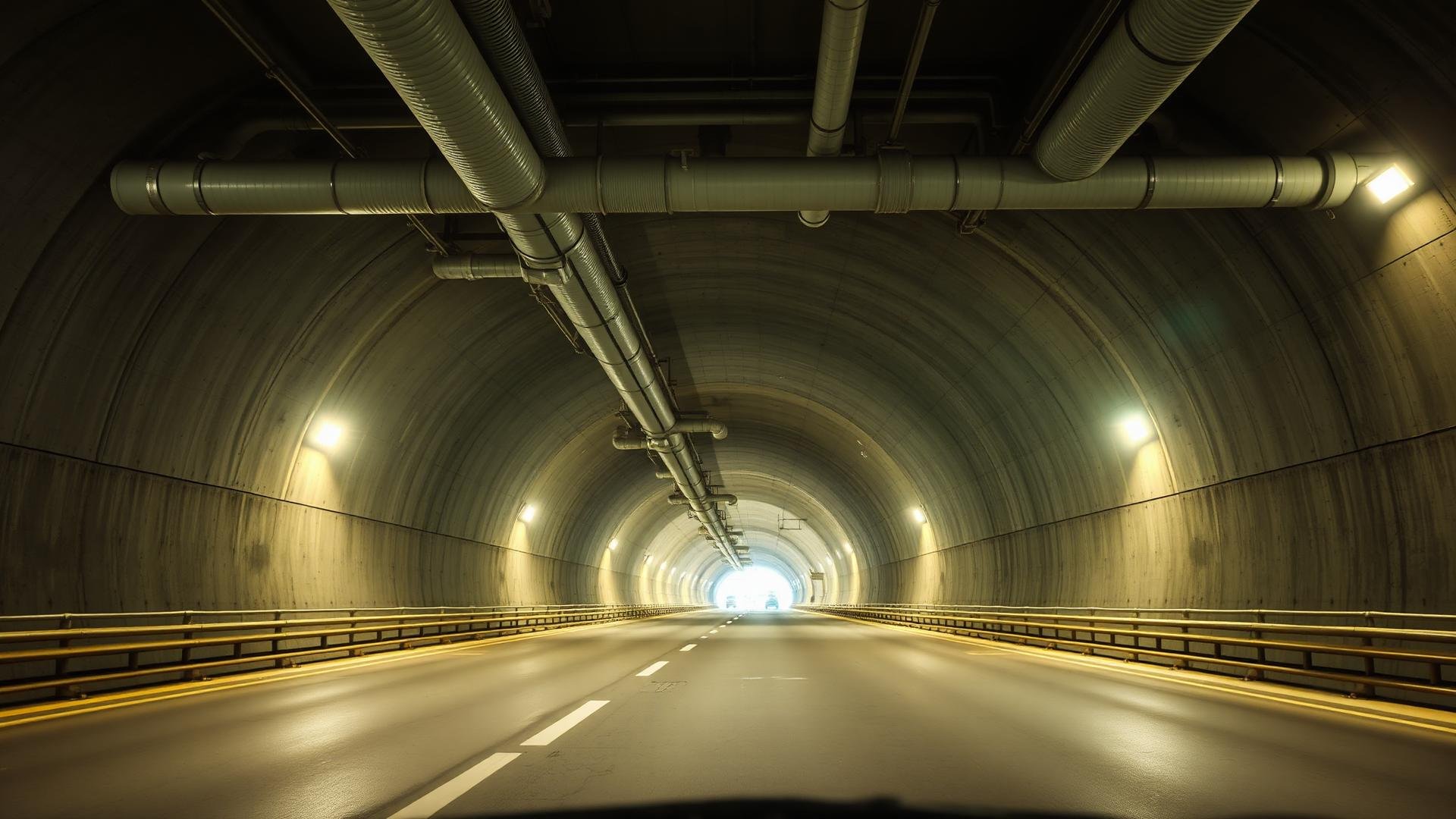 A view inside a tunnel with a road, illuminated by lights and with large pipes running along the ceiling.