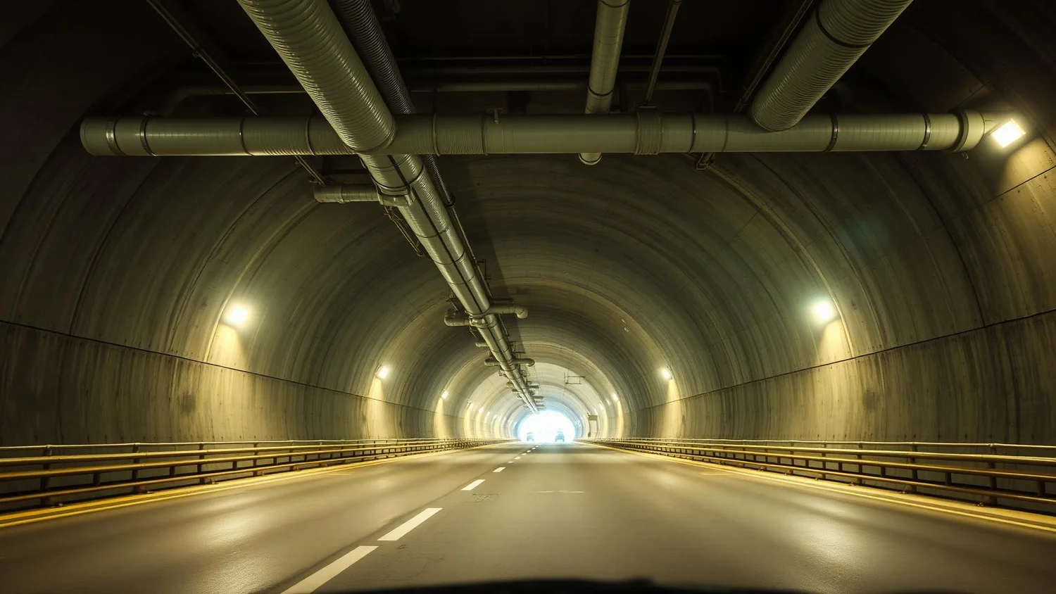 Illuminated vehicle tunnel interior with overhead ventilation ductwork, SMART Tunnel Kuala Lumpur