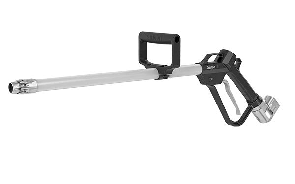 A silver hair styling tool with a black handle and trigger, featuring a long barrel and a scraper attachment.