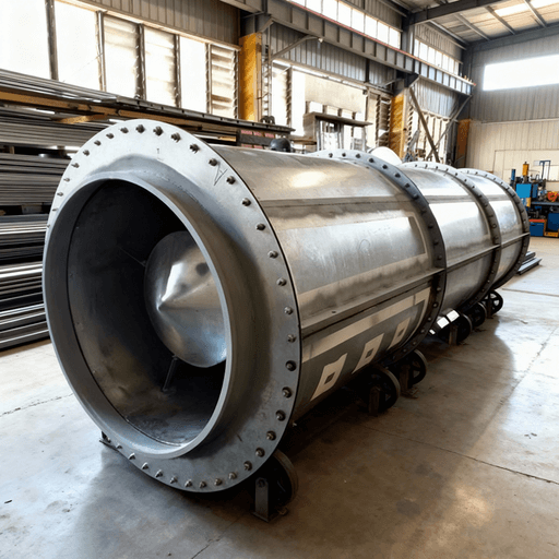 Large industrial rocket engine in a warehouse setting.
