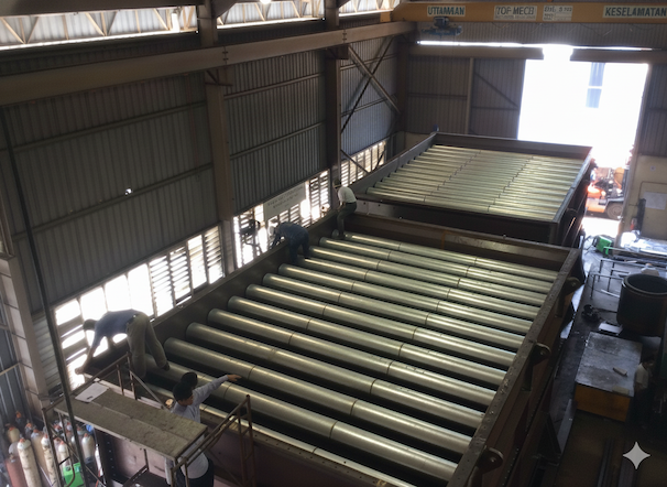 Industrial facility with large metal rollers and workers handling equipment inside a warehouse.