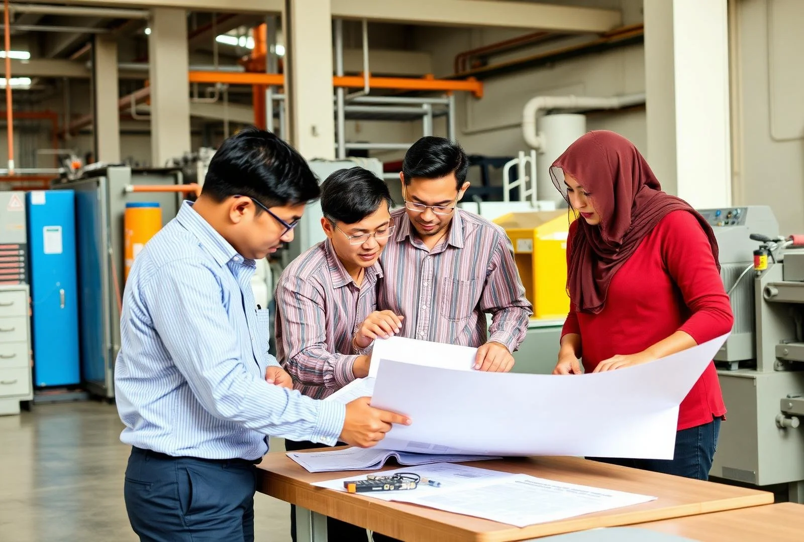 Four professionals, three men and one woman, are gathered around a table reviewing blueprints or technical plans in an industrial or manufacturing setting.