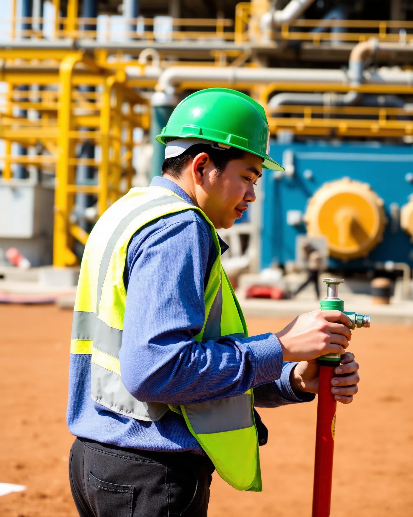 A male worker in a green safety helmet and a yellow high-visibility vest supervises or inspects equipment at an industrial site, holding a tool while working outdoors.