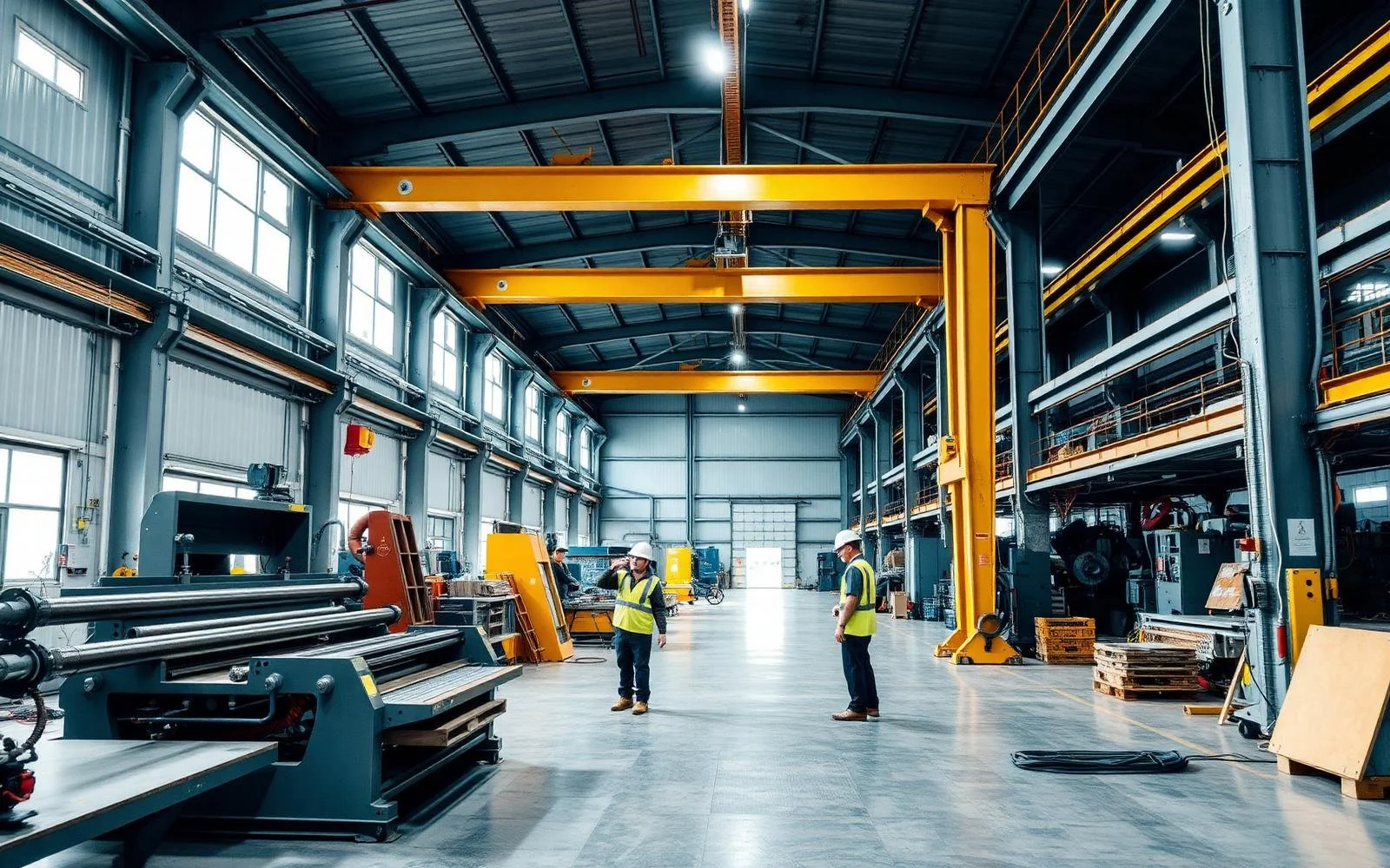 Interior of a large industrial warehouse with high ceilings, multiple overhead cranes, and industrial machinery. Four workers in safety gear and vests are present, with some engaged in conversation or inspecting equipment.
