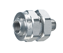 Close-up of a metallic industrial fitting or connector with threaded ends.