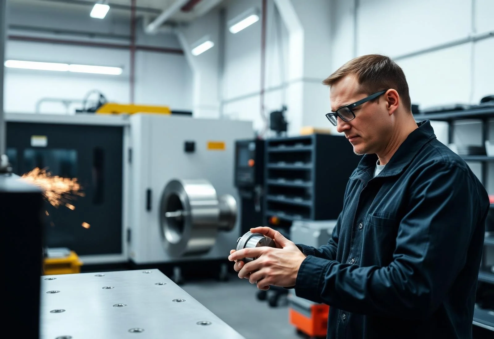 A man wearing glasses and a dark work jacket is inspecting a metal component in a manufacturing workshop. Sparks are flying from a nearby machine, and industrial equipment is visible in the background.