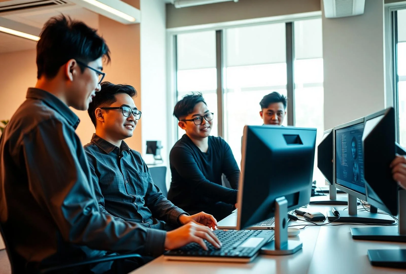 Group of four young adults working together at computers in an office with large windows, smiling and engaged.