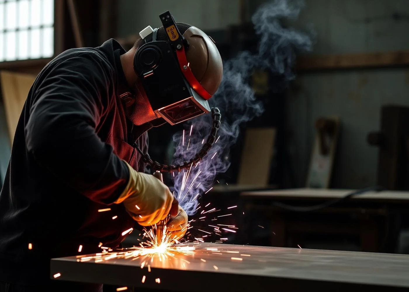 A worker in safety gear welding metal in a workshop, with sparks and smoke around.