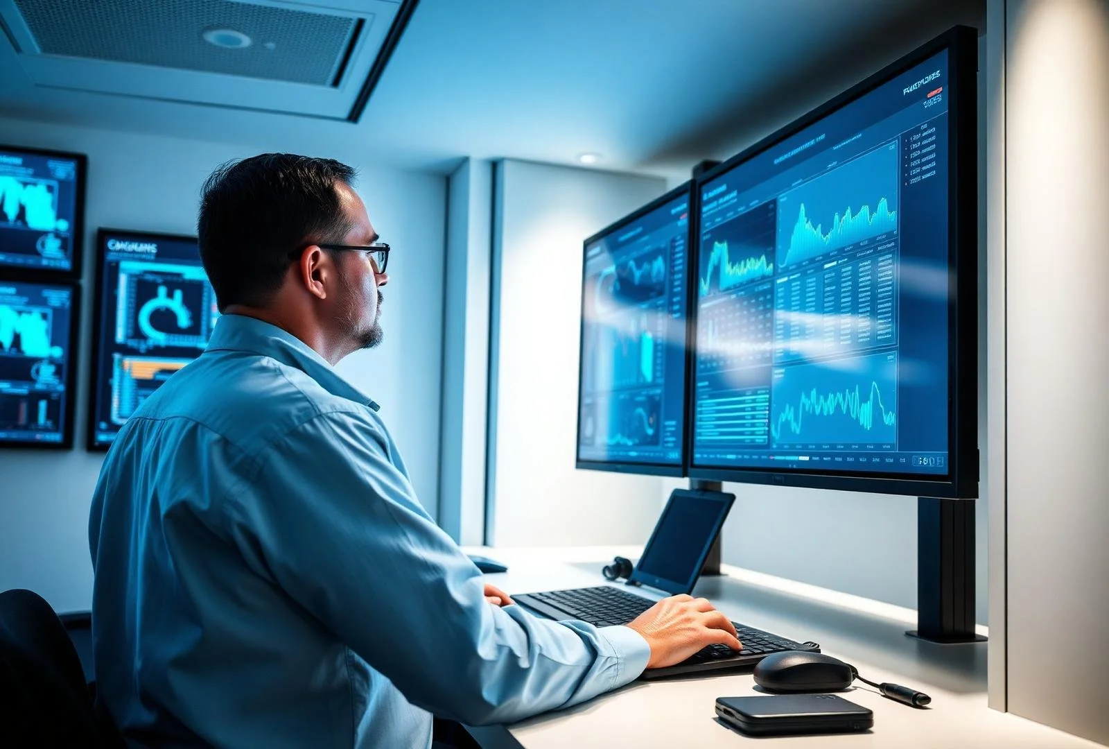 A man working on a computer at a desk with multiple monitors displaying financial graphs and data in a modern office.