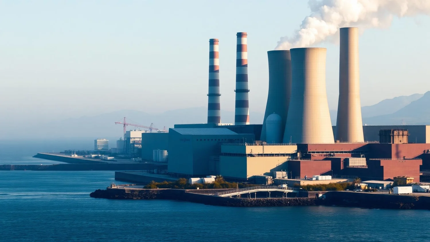 Talin Power Plant coastal facility with industrial smokestacks and cooling towers, Kaohsiung Taiwan