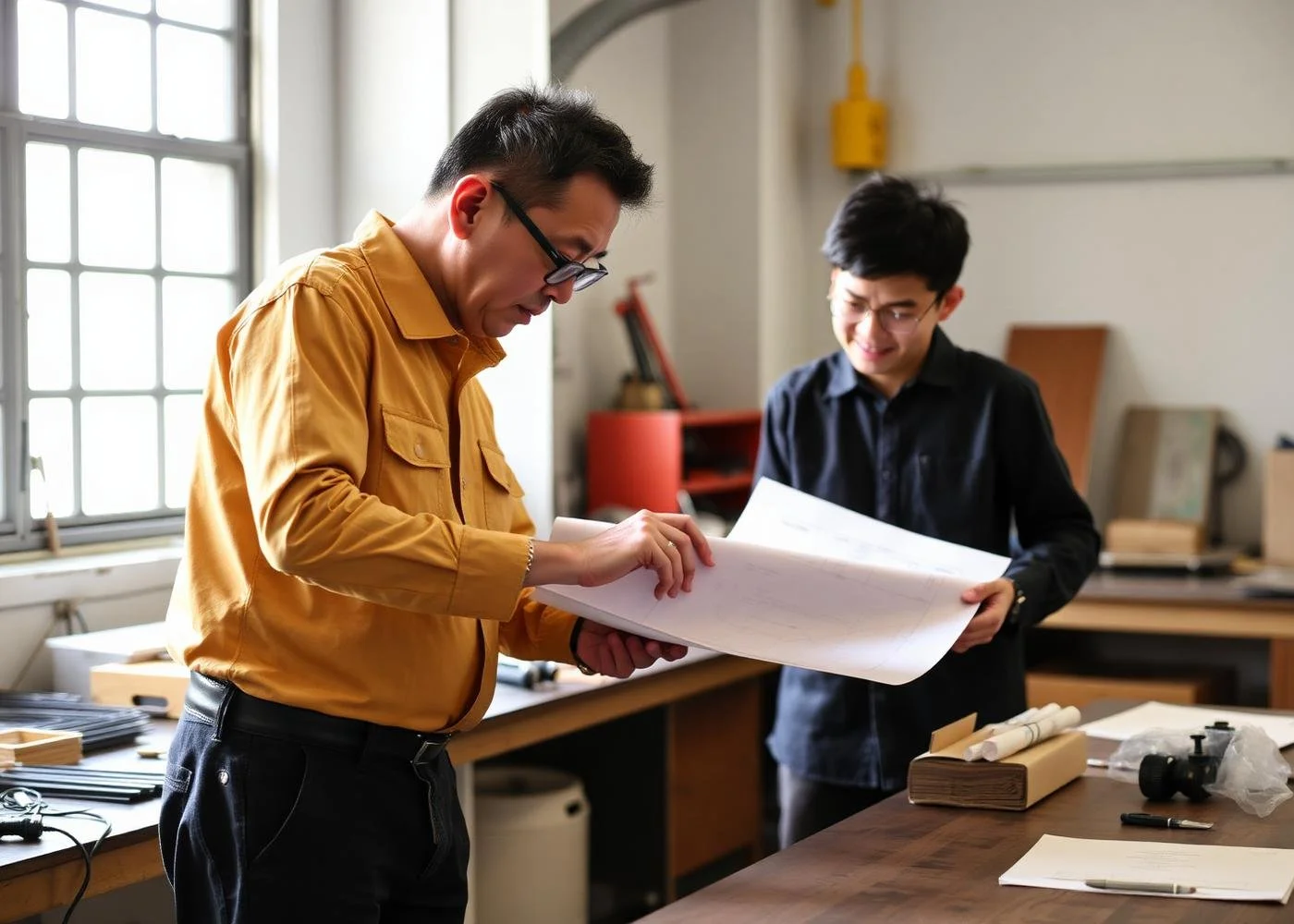 Two men examining large architectural plans inside a workshop or studio with tools on the table.