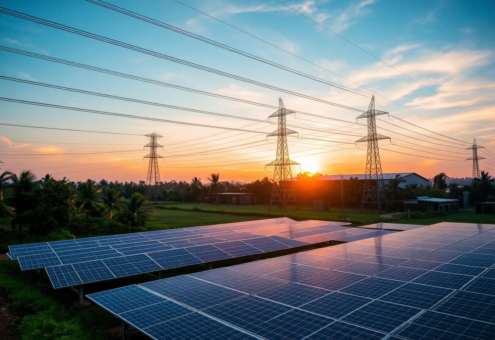 Solar panels in the foreground with power lines and towers in the background during sunset.