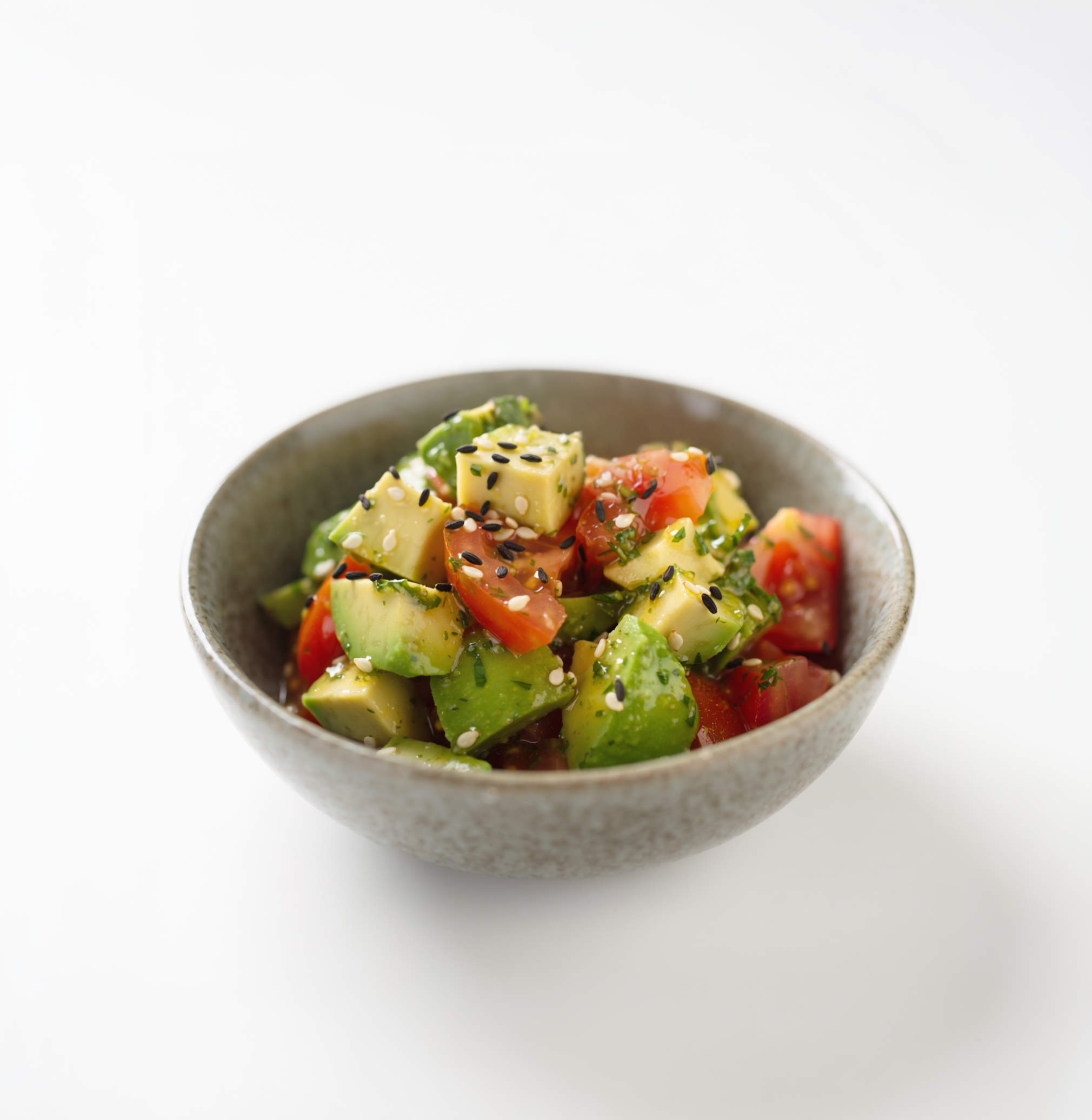 avocado & tomato salad w/ herb vinaigrette, 	sesame & black cumin