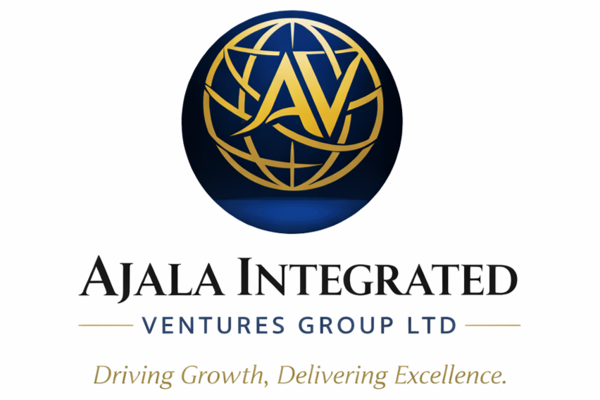 Logo of Ajala Integrated Ventures Group Ltd, featuring a gold globe with the letters AJ within it, on a dark background.
